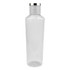 A drink bottle in transparent plastic with a silver-coloured cap and a simple, unadorned design.