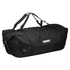 A black duffle bag with a mid blue accent and a logo. It features dual handles and a zippered closure.