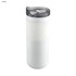 A drink bottle in white featuring a textured grip and a transparent lid. It includes a logo on the side.
