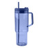 A drink bottle in a translucent blue colour with a straw and a handle, featuring a lid.