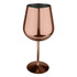 A stainless steel wine glass in a shiny rose gold finish with a modern, sleek design.