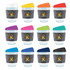 A collection of reusable coffee cups in various colors with silicone lids and RPET bands, featuring logos.