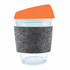 A reusable coffee cup featuring a transparent design, an orange silicone lid, and a grey RPET band for grip.