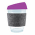 A reusable coffee cup featuring a clear design, a purple silicone lid, and a grey RPET band for grip.
