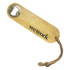 A bamboo bottle opener with a silver metal opener, featuring a branding logo and a natural finish.