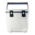 A white cooler box with a grey strap and black latches, featuring a sturdy handle. It has a branding logo.