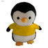 A plush penguin toy in black and white, wearing a yellow shirt, with large expressive eyes. It has a small orange beak.