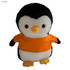 A plush penguin toy with black and white features, wearing an orange shirt, and featuring large, round eyes.