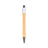 A bamboo stylus pen with a white top and silver tip, designed for writing. It features a logo on the body.
