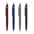 A set of four metal pens in burgundy, blue, grey, and black, each featuring a logo on the barrel.
