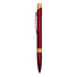 A metal pen in a shiny red finish with a gold-toned clip and accents. It features a branding logo.