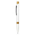 A metal pen featuring a white barrel with a bamboo accent and a silver clip. It has a logo on the barrel.