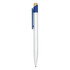 A white plastic pen with a blue clip and top, featuring a simple design and a branding logo.