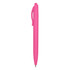 A pink plastic pen with a clip and a smooth writing tip, featuring a branding logo.