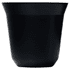 A black recycled espresso cup with a tapered shape and a glossy finish, featuring a logo.