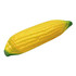A yellow stress corn toy with green ends, designed to relieve stress. It features a smooth, textured surface and has a logo.