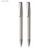 A set of two creamy white plastic pens with metallic accents and a branding logo on the clip.