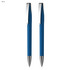 A set of two blue plastic pens with silver clips, featuring a sleek design and a simple logo.