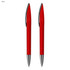 A set of two red plastic pens with silver accents and a branding logo on each pen.