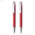 A set of two red plastic pens with chrome accents and a sleek design, featuring a logo.