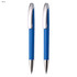 A writing set featuring two blue plastic pens with chrome accents and a branding logo.