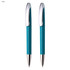 A teal writing set featuring two plastic pens with chrome accents and sleek design. Includes branding on the pens.