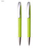 A set of two green plastic pens with chrome accents and a smooth, contoured design.