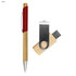 A red and bamboo pen alongside a wooden USB flash drive with a metal clip.