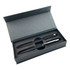 A black pen set in a grey gift box with an insert to hold the pens securely. The box has a lid.