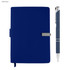 A dark blue notebook with a silver clasp and a matching pen, featuring a sleek design and branding logo.