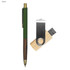 A green pen with wooden accents and a wooden USB flash drive with a metal clip, featuring a logo.