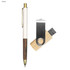 A wooden USB drive and a white pen with a wooden accent, featuring a logo.