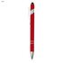A red pen with a silver clip and tip, featuring a stylus on the top.