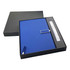 A blue notebook and pen set in a black gift box, featuring a stylish design and a logo.