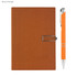 A brown notebook with an orange pen beside it, featuring a clasp closure and a textured cover.