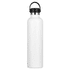 A drink bottle in matte white stainless steel, featuring a black cap and handle. Includes a logo on the surface.
