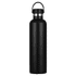 A drink bottle in matte black stainless steel with a silver lid, featuring a handle for easy carrying.