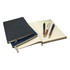 A set of two notebooks in dark blue and black, accompanied by three pens with wooden and metallic accents.