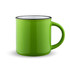 A drink mug in bright green with a black rim and a round handle. It has a glossy finish.