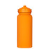 A drink bottle in vibrant orange, featuring a rubber-coated finish and a screw-top lid, with a logo on the side.