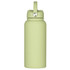 A drink bottle in soft green, featuring a rubber coating and a handle on the lid. It has a logo on the body.