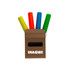 A box containing four triangle highlighters in yellow, red, blue, and green. The box has a logo on it.