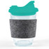 A reusable coffee cup with a teal snap lid and a gray RPET band around its body. It has a transparent design.