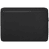 A black laptop sleeve featuring a sleek design with a zippered pocket. It includes a logo.