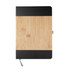A notebook with a bamboo cover and black accents, featuring a ribbon bookmark and a logo.