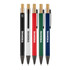 A set of five Sio Metal Pens in black, white, red, green, and blue, featuring a bamboo top and branding.