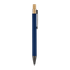 A metal pen with a navy blue body and a gold top, featuring a clip for attachment. It has a branding logo.