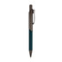 A sleek metal pen in navy and dark silver, featuring a clip and a contemporary design.
