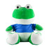 A green frog plush toy wearing a blue shirt, featuring large eyes and white feet. It has a round, soft body.