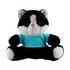 A black and white cat plush toy wearing a light blue shirt, seated with a neutral expression. It has rounded features and large eyes.